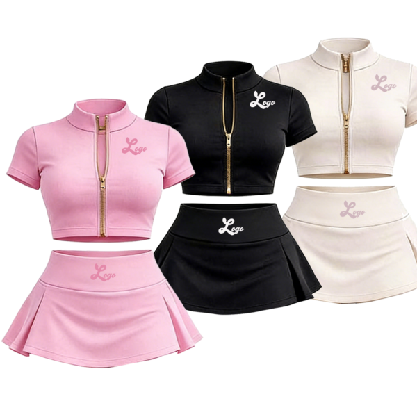 Custom Logo Zip Crop Top Pleated Mini Skirt Headband 3 Piece Tennis Set