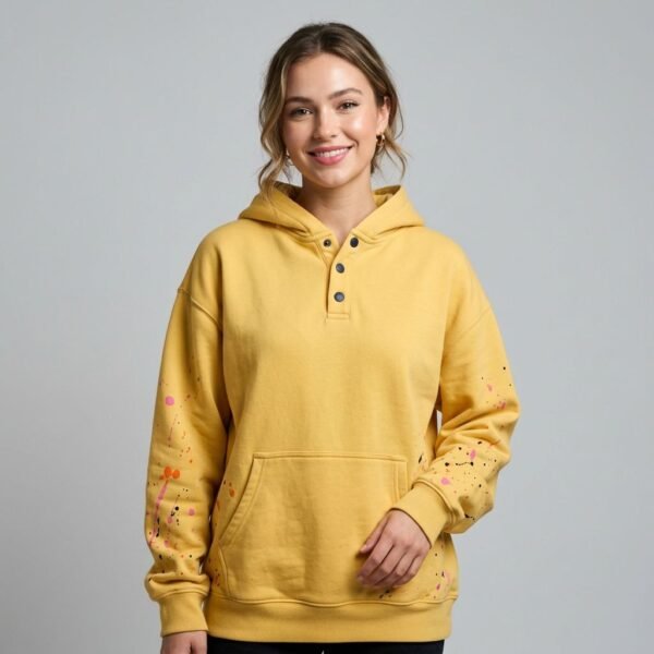 Mustard Yellow Multi Color Splash Paint Henley Pullover Hoodie Mustard Yellow Multi Color Splash Paint Henley Pullover Hoodie