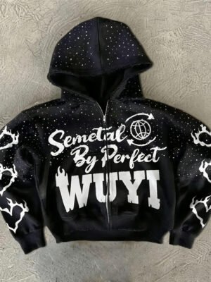 Star Drip Letter Flame Print Zip Up Cropped Hoodie