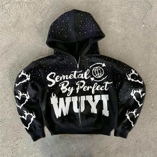 Star Drip Letter Flame Print Zip Up Cropped Hoodie
