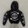 Star Drip Letter Flame Print Zip Up Cropped Hoodie