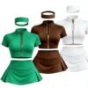 Custom Logo Zip Crop Top Pleated Mini Skirt Headband 3 Piece Tennis Set