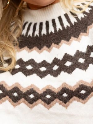 Cream Base Brown Geometric Fair Isle Crew Neck Knit Sweater Cream Base Brown Geometric Fair Isle Crew Neck Knit Sweater