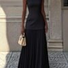 Boat Neck Sleeveless Split Fabric Pleated Maxi Dress