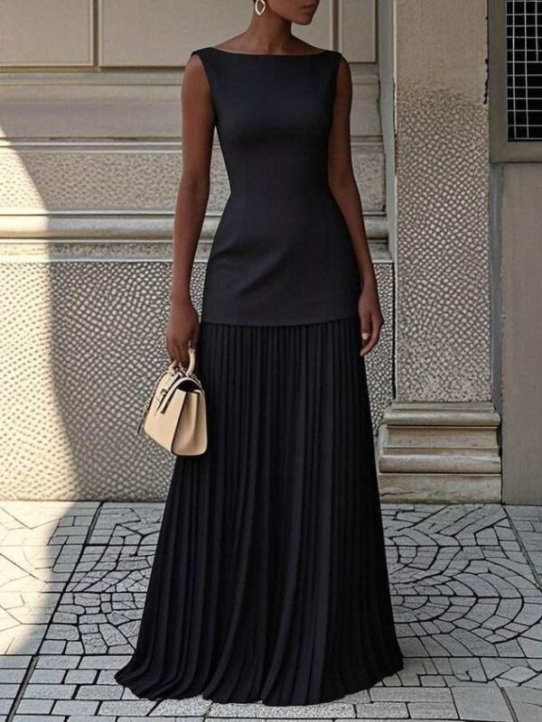 Boat Neck Sleeveless Split Fabric Pleated Maxi Dress