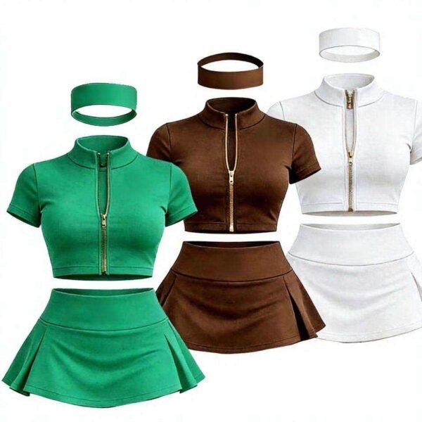 Custom Logo Zip Crop Top Pleated Mini Skirt Headband 3 Piece Tennis Set