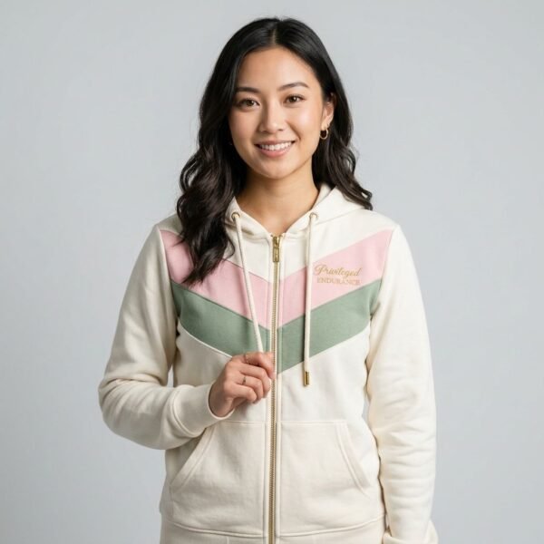 Cream Green Pink Chevron Color Block Full Zip Hooded Jacket