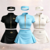 Custom Logo Zip Crop Top Pleated Mini Skirt Headband 3 Piece Tennis Set