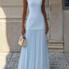 Boat Neck Sleeveless Split Fabric Pleated Maxi Dress
