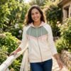 Cream Green Pink Chevron Color Block Full Zip Hooded Jacket