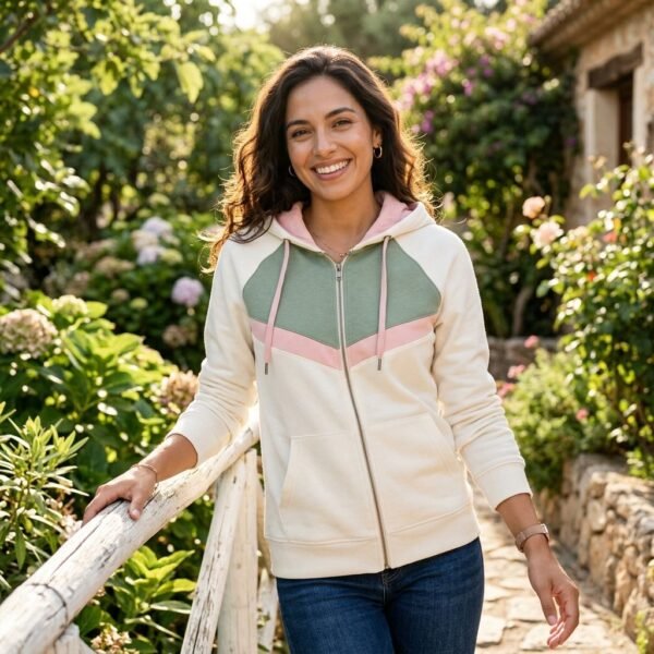 Cream Green Pink Chevron Color Block Full Zip Hooded Jacket