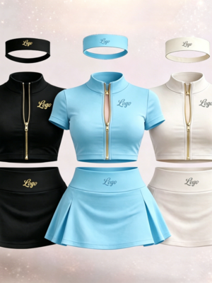 Custom Logo Zip Crop Top Pleated Mini Skirt Headband 3 Piece Tennis Set Custom Logo Zip Crop Top Pleated Mini Skirt Headband 3 Piece Tennis Set