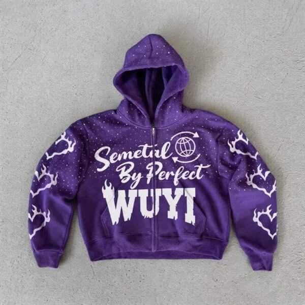 Star Drip Letter Flame Print Zip Up Cropped Hoodie