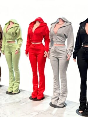Cropped Zip Hoodie Flared Sweatpants 2 Piece Women Tracksuit Cropped Zip Hoodie Flared Sweatpants 2 Piece Women Tracksuit