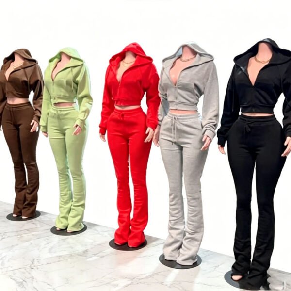 Cropped Zip Hoodie Flared Sweatpants 2 Piece Women Tracksuit Cropped Zip Hoodie Flared Sweatpants 2 Piece Women Tracksuit