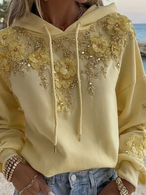 Pale Yellow 3D Gold Floral Rhinestone Oversized Pullover Hoodie Pale Yellow 3D Gold Floral Rhinestone Oversized Pullover Hoodie