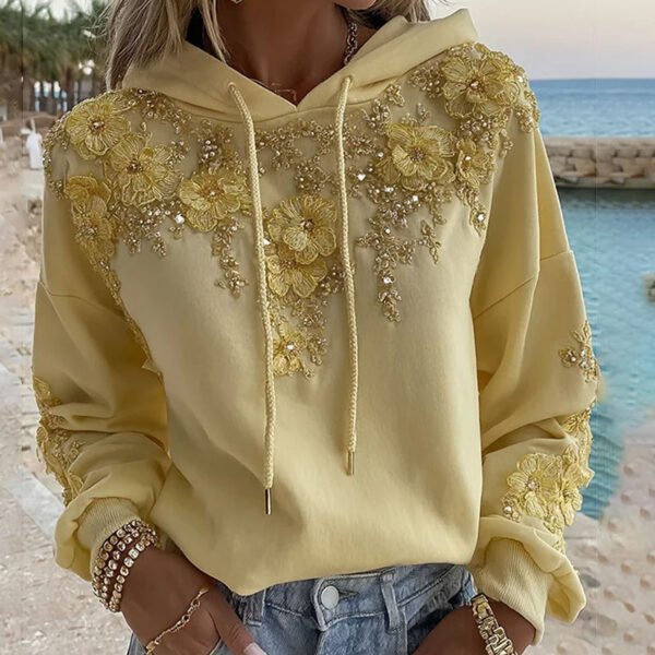 Pale Yellow 3D Gold Floral Rhinestone Oversized Pullover Hoodie