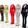 Solid Color Cropped Zip Hoodie Flared Jogger Two Piece Tracksui