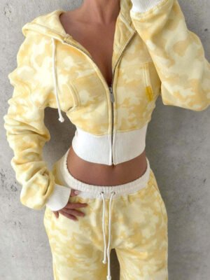 Pale Yellow Camo Cropped Zip Hoodie Wide Leg Sweatpants 2 Piece Tracksuit Pale Yellow Camo Cropped Zip Hoodie Wide Leg Sweatpants 2 Piece Tracksuit