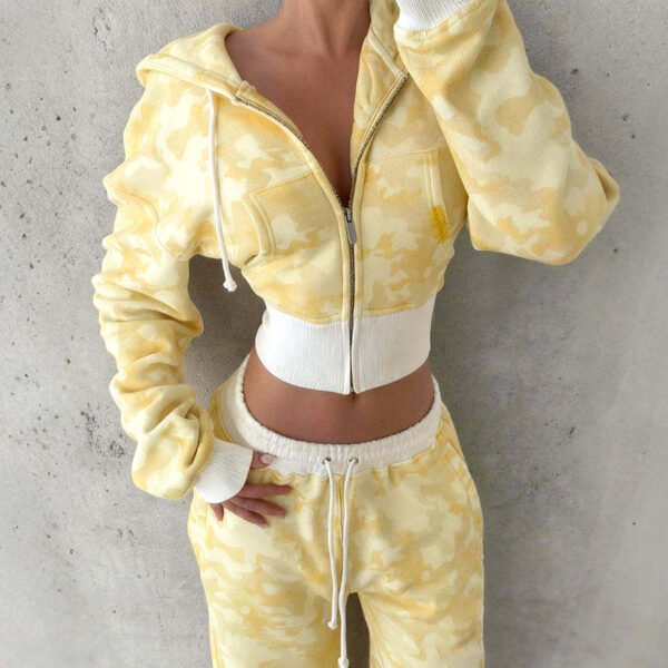 Pale Yellow Camo Cropped Zip Hoodie Wide Leg Sweatpants 2 Piece Tracksuit Pale Yellow Camo Cropped Zip Hoodie Wide Leg Sweatpants 2 Piece Tracksuit