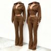 Solid Color Cropped Zip Hoodie Flared Jogger Two Piece Tracksuit Solid Color Cropped Zip Hoodie Flared Jogger Two Piece Tracksui