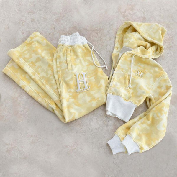 Pale Yellow Camo Cropped Zip Hoodie Wide Leg Sweatpants 2 Piece Tracksuit Pale Yellow Camo Cropped Zip Hoodie Wide Leg Sweatpants 2 Piece Tracksuit