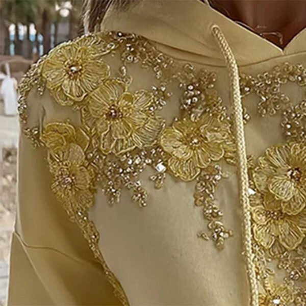 Pale Yellow 3D Gold Floral Rhinestone Oversized Pullover Hoodie