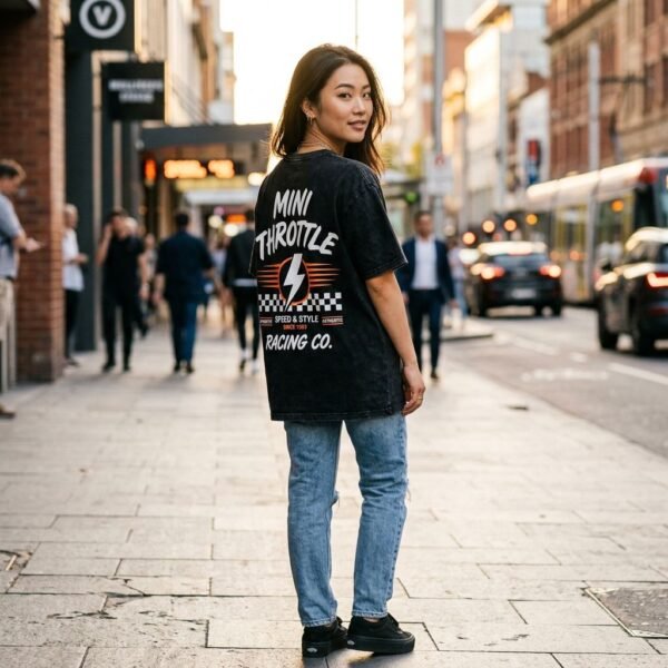 Black Washed Mini Throttle Racing Graphic Oversized Tee