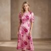 Pink Satin Large Peony Print Puff Sleeve Midi Dress
