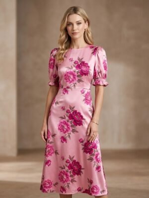 Pink Satin Large Peony Print Puff Sleeve Midi Dress Pink Satin Large Peony Print Puff Sleeve Midi Dress