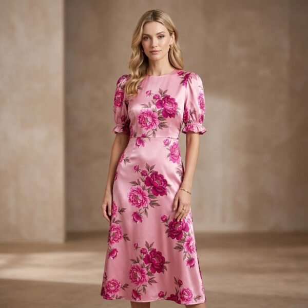 Pink Satin Large Peony Print Puff Sleeve Midi Dress