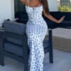 White Base Blue Tiny Floral Spaghetti Strap Midi Bodycon Dress White Base Blue Tiny Floral Spaghetti Strap Midi Bodycon Dress