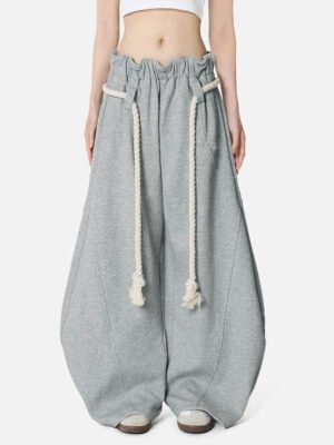 Heather Grey Oversized Barrel Sweatpants With Thick Rope Drawcords Heather Grey Oversized Barrel Sweatpants With Thick Rope Drawcords
