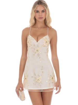 Ivory Mesh Gold Floral Sequin Lace-Up Back Mini Slip Dress Ivory Mesh Gold Floral Sequin Lace-Up Back Mini Slip Dress