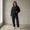 Solid Black Oversized Hoodie Cuffed Jogger 2 Piece Loungewear Set Solid Black Oversized Hoodie Cuffed Jogger 2 Piece Loungewear Set