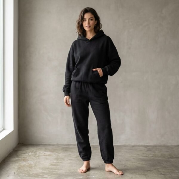 Solid Black Oversized Hoodie Cuffed Jogger 2 Piece Loungewear Set Solid Black Oversized Hoodie Cuffed Jogger 2 Piece Loungewear Set