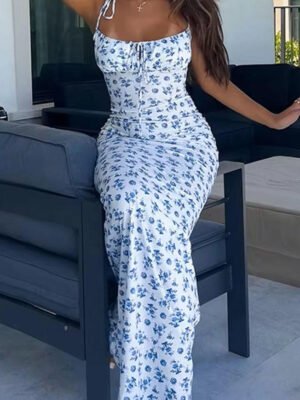 White Base Blue Floral Ruched Cami Mermaid Maxi Dress White Base Blue Floral Ruched Cami Mermaid Maxi Dress