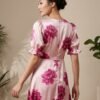 Pink Satin Large Peony Print Puff Sleeve Midi Dress