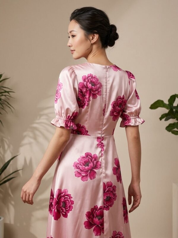 Pink Satin Large Peony Print Puff Sleeve Midi Dress