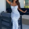White Base Blue Tiny Floral Spaghetti Strap Midi Bodycon Dress White Base Blue Tiny Floral Spaghetti Strap Midi Bodycon Dress