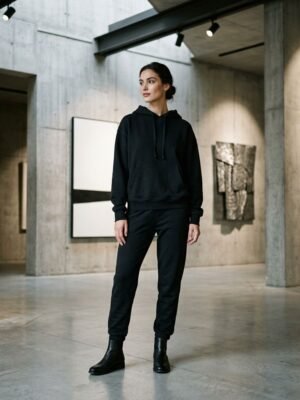 Solid Black Oversized Hoodie Cuffed Jogger 2 Piece Loungewear Set Solid Black Oversized Hoodie Cuffed Jogger 2 Piece Loungewear Set