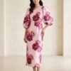 Pink Satin Large Peony Print Puff Sleeve Midi Dress
