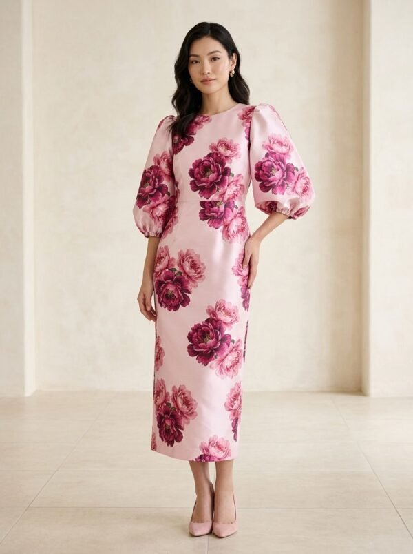 Pink Satin Large Peony Print Puff Sleeve Midi Dress