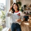 Contrast Red Collar Stripe Rose Embroidery Crewneck Sweatshirt