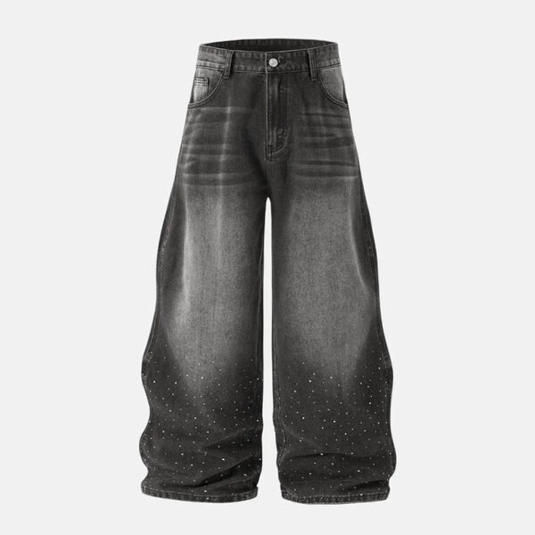 Vintage Gradient Washed Baggy Wide Leg Raw Rhinestone Denim Jeans Vintage Gradient Washed Baggy Wide Leg Raw Rhinestone Denim Jeans