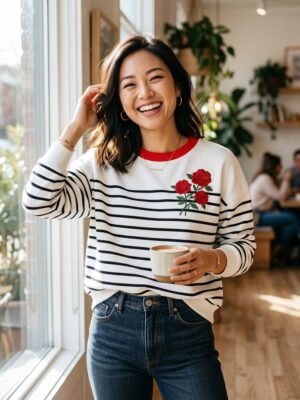Contrast Red Collar Stripe Rose Embroidery Crewneck Sweatshirt Contrast Red Collar Stripe Rose Embroidery Crewneck Sweatshirt