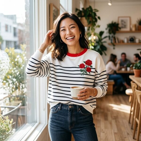 Contrast Red Collar Stripe Rose Embroidery Crewneck Sweatshirt
