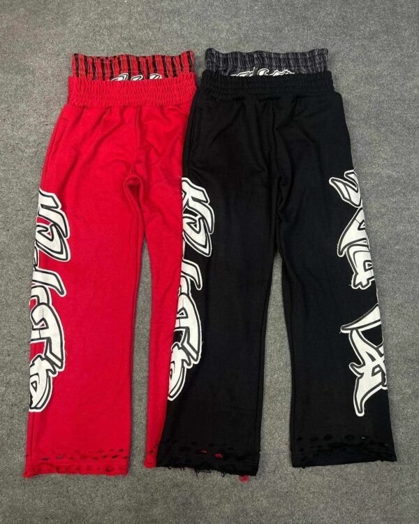 Layered Waist Graffiti Print Distressed Flared Sweatpants Layered Waist Graffiti Print Distressed Flared Sweatpants