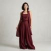 Burgundy Linen Corset Lace Up Back Cami Wide Leg Pant Shawl 3 Piece Set