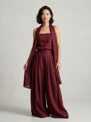 Burgundy Linen Corset Lace Up Back Cami Wide Leg Pant Shawl 3 Piece Set Burgundy Linen Corset Lace Up Back Cami Wide Leg Pant Shawl 3 Piece Set